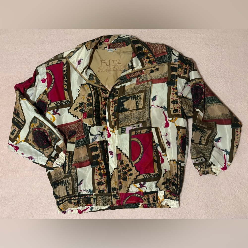 RARE Vintage FUDA International Colorful Abstract Geometric Silk Jacket - M
